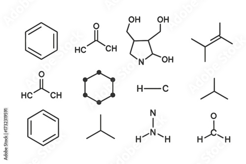 Chemical compound formula icon set. Organic chemistry molecular structure. Science education line icons. Benzene ring, hydrocarbon molecule symbols. Editable stroke vector.