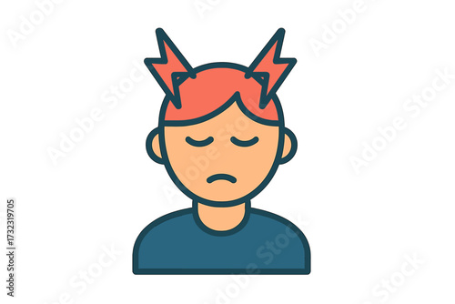 Headache and migraine vector icon. Concept for stress, anxiety, burnout, and mental health issues. Person feeling head pain, fatigue, and depression. Flat illustration symbol.