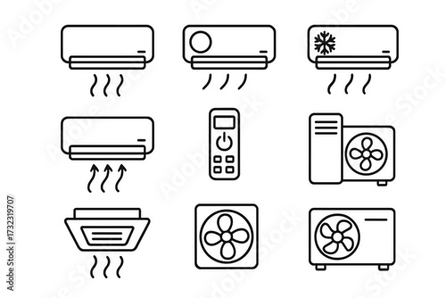 Air conditioning line icon set. HVAC, climate control symbols. Conditioner, fan, ventilation and remote control pictograms. Editable stroke vector illustration for web and apps.
