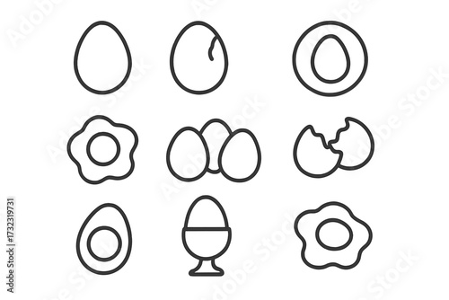 Egg icon set thin line art. Vector outline symbols of fried, boiled, cracked eggs for breakfast food, cooking, menu, web, and app design. Simple minimalist food graphic.