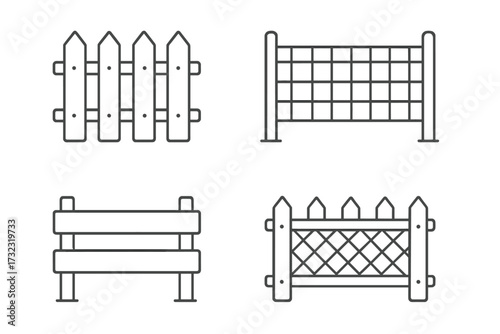 Fence line icon set. Collection of outline vector symbols. Picket fence, garden barrier, wire mesh. Simple linear pictogram for web, app, ui, ux, infographic design.