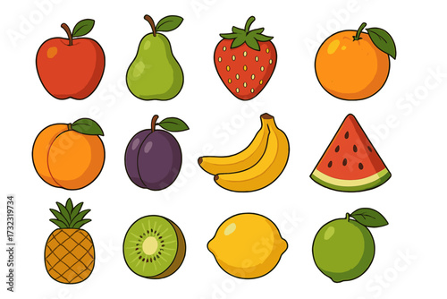 Big set of fresh cartoon fruits and berries. Vector icon collection of apple, pear, strawberry, orange, peach, plum, banana, watermelon, pineapple, kiwi, lemon, and lime.