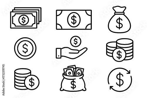 Money icon set. Cash, finance and currency outline symbols. Vector collection of editable stroke pictograms like banknote, coin, dollar, money bag, payment and transaction.