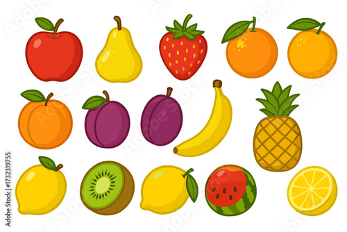 Large fruit and berry collection vector set. Cartoon icons of apple, pear, strawberry, orange, peach, plum, banana, watermelon, pineapple, kiwi, lemon for healthy summer food.