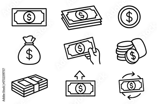 Cash money thin line icon collection. Dollar bill, coin stack, and money bag symbols. Financial concepts of payment, savings, investment, exchange, profit, and income. Editable stroke.