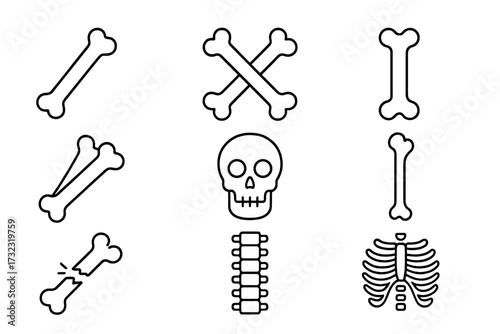 Bones and skeleton icon set. Human anatomy concept. Skull, crossbones, spine, rib cage, and broken bone fracture. Line art vector illustration for medical or pirate themes.