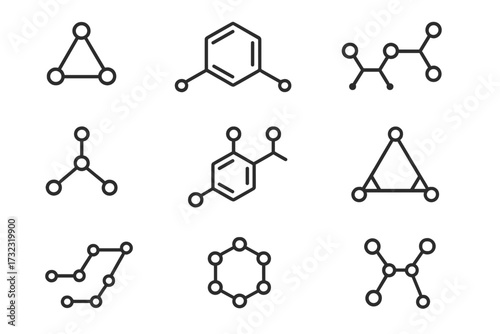 Chemical compound outline icon set. Molecular structure formula concept. Chemistry, science, physics, and biotechnology research symbol. Editable stroke vector illustration.