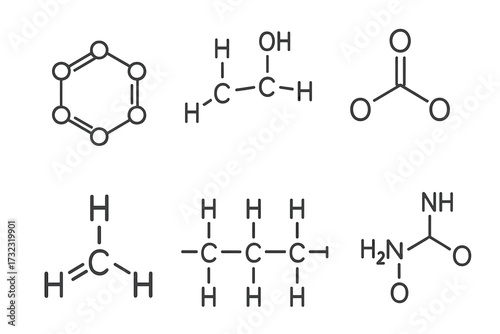 Chemical compound molecular structure formula icon set. Organic chemistry and science education symbols. Benzene, urea, propane line art illustration. Editable stroke vector.