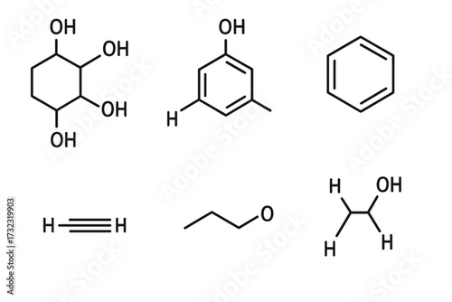 Organic chemistry molecular structures. Chemical compound formula icon set. Science education concept. Benzene, alcohol, phenol vector line art illustration for infographics.