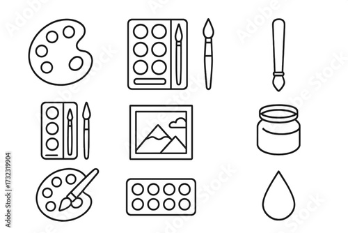 Painting line icon set. Art supplies bundle. Palette, watercolor, brush minimal vector pictograms. Editable stroke graphic for artist, hobby, art school, app and web design.