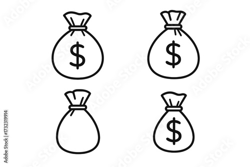 Money bag line icon set. Dollar sign sack symbol collection. Vector outline illustration for finance, business, banking, investment, wealth, profit. Simple cash pouch pictogram.