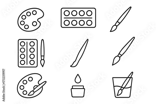 Painting line icon set. Art supplies. Artist tools. Palette, watercolor, paintbrush, ink symbols. Creative hobby and drawing concept. Editable stroke vector pictogram collection.