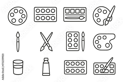 Paint palette and brush line icon set. Watercolor, art supplies, artist tools. Concept of creativity, drawing, hobby. Editable stroke vector pictogram for app and web design.