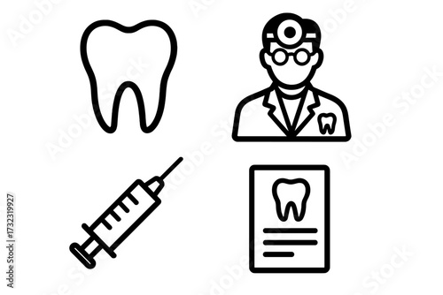 Dentistry simple line icon set. Dental care concept. Contains icons of tooth, dentist doctor, syringe, prescription. Stomatology and oral health vector symbols for design.