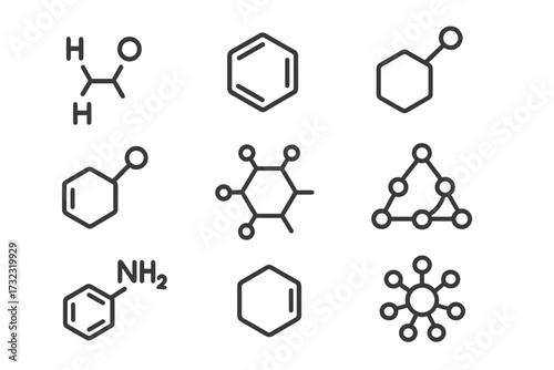Chemistry icon set. Chemical compound structures and molecular formulas. Science and education vector symbols. Organic chemistry concepts like benzene, aniline and formaldehyde.