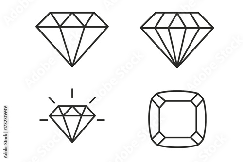 Diamond outline icon collection. Gemstone and brilliant line art set. Editable stroke vector for logo, web, infographics. Jewel, crystal, luxury, wealth symbol. Shiny gem.