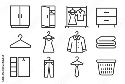 Closet and clothing organization line icon set. Wardrobe furniture, fashion, and laundry vector symbols. Hanger, dress, shirt, pants, and drawer outline icons collection.