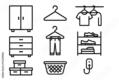 Closet organization line icon set. Wardrobe, furniture, and clothing storage symbols. Hanger, drawers, shoe rack, laundry basket vector pictograms. Editable stroke icons.