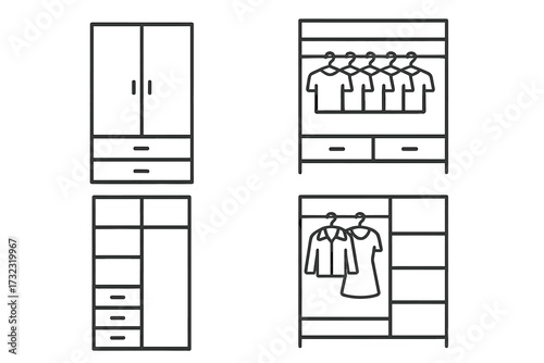 Closet wardrobe outline icon set. Simple linear furniture collection. Clothes storage and organization concept. Home interior design element. Editable stroke vector illustration.