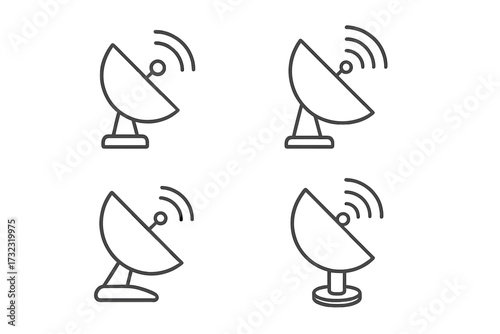Satellite dish antenna line icon set. Wireless communication signal, broadcast transmission concept. Radar technology symbol collection. Network data telecommunication pictogram.