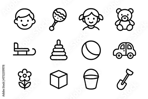 Childhood icon set. Baby and kid toy collection. Line art vector. Boy, girl, teddy bear, rattle, car, sled, ball, pyramid, bucket, shovel. Editable stroke for web, app.