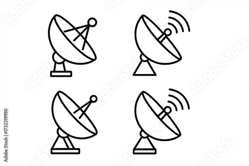 Satellite dish line icon collection. Antenna, radar and signal transmission pictogram. Communication technology concept. Wireless receiver vector set for apps and web design.