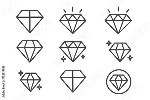 Diamond outline icon set. Gem line art collection. Editable stroke vector. Jewel, brilliant, crystal symbol. Precious stone logo. Luxury, wealth, quality, value concept.