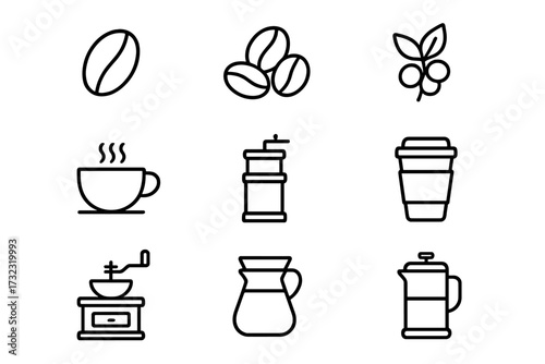 Coffee line icon set. Minimal vector pictogram collection with bean, grinder, french press, cup, pot. Editable stroke symbols for cafe menu, app, web design, and branding.