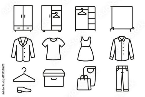 Clothing and closet organization icon set. Vector line icons of wardrobe, hanger, storage, dress, shirt, jacket, and pants. Minimalist fashion and home furniture symbols.