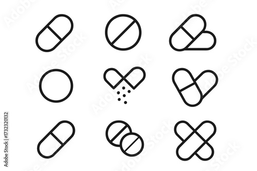 Pill and capsule medical icon set. Collection of modern outline icons for pharmacy and healthcare. Vector symbols for drug, vitamin, supplement, and treatment concepts.