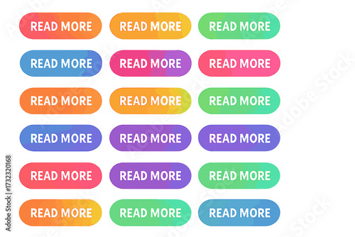Big set of 'Read More' web buttons. Vector collection of colorful gradient UI elements for websites and apps. Modern call to action (CTA) icon pack for user interface.