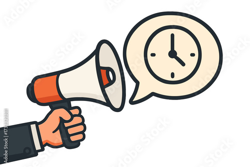 Urgent announcement metaphor. Businessman hand holding loudspeaker with clock icon. Deadline, time management concept. Last minute offer, final call promotion, important message.