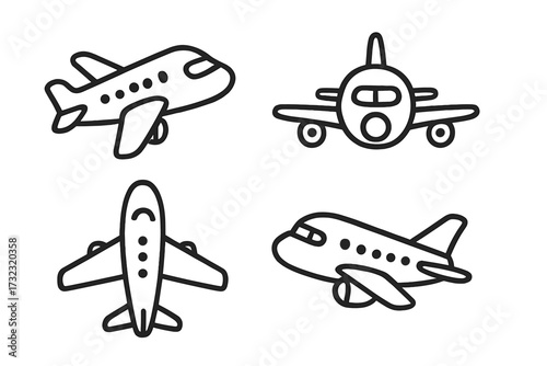 Airplane icon set. Vector line art illustration of aircraft in different views. Simple flat design for travel, transport, and aviation concepts. Flight symbol pictogram collection.