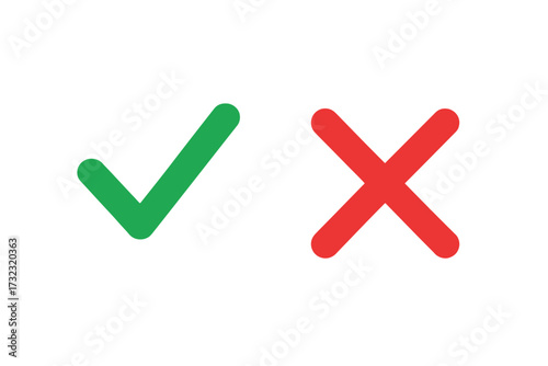 Check mark and cross icon set. Green tick and red x symbol. Yes or no choice for voting. Correct and incorrect sign. Accept or decline button for checklist. Approved concept.