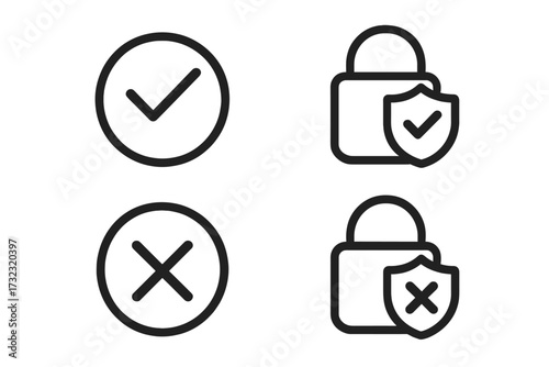 Data security icon set. Check and cross mark for validation. Cybersecurity and privacy protection concept. Padlock with shield for secure and unsecure access control. Approved and denied symbols.