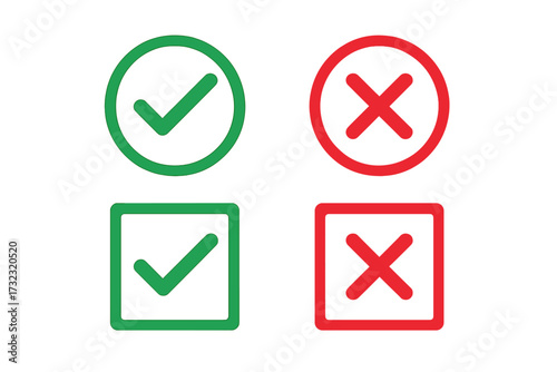 Green check mark and red cross icon set. Tick and x symbols for approval and rejection. Yes and no signs. Correct and incorrect choice buttons. Circle and square shapes. Vector.