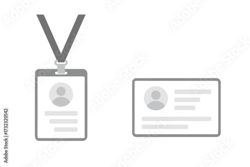 ID card and identification badge with lanyard icon set. Business identity document. Employee access card. Corporate security pass. Personal data and photo placeholder vector.