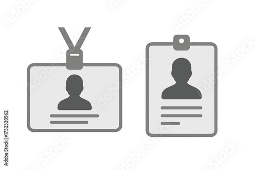 ID card and identification badge vector icon set. Business employee name tag with lanyard and clip. Corporate staff access pass for security and identity verification.