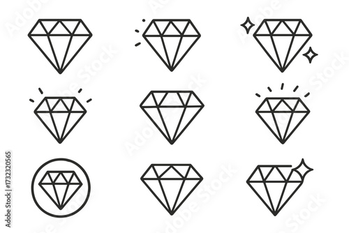 Diamond line icon set. Gemstone and jewel outline symbols. Brilliant and crystal pictogram collection. Vector illustration of shining gems for logo design. Editable stroke.