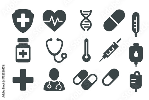 Healthcare and medical icons set. Vector collection of modern flat glyph symbols for medicine, hospital, pharmacy. Health shield, cross, heart, dna, pill, doctor, syringe.