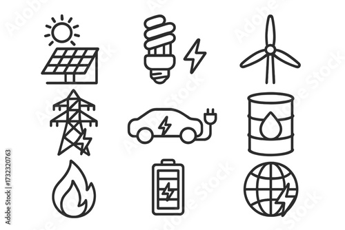Energy vector line icon set. Renewable and green power sources like solar panel and wind turbine. Fossil fuel, electricity grid, electric car, and battery charging symbols. Eco concept.