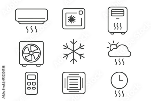 Air conditioning and heating thin line icons set. Climate control collection. HVAC system pictograms. Vector symbols for web, apps. Includes cooling fan, remote, snowflake.