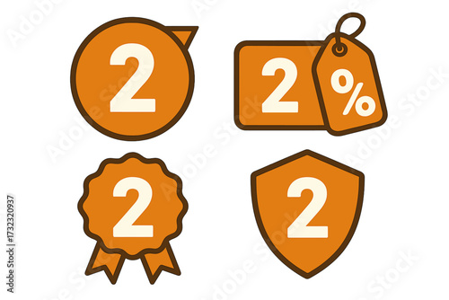 Number 2 days to go countdown timer. Sale promotion badge collection. Two percent discount price tag. Second place award ribbon icon set. Vector illustration for web banner.