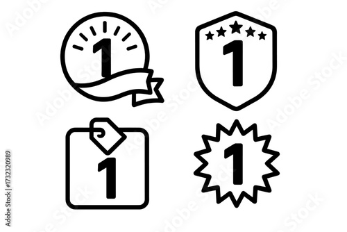 First place winner icon set. Number one champion award badge collection. Best quality, achievement, and success symbol. Vector graphic elements for leader, victory, and top rating.