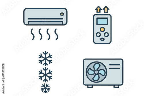 Air conditioner icon set for climate control. Vector line art of cooling and heating system. Includes split unit, remote control, cold snowflakes and outdoor condenser fan icons.