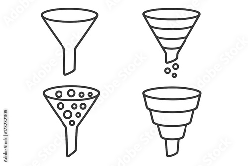 Sales funnel marketing vector icon set. Lead generation and conversion rate optimization process. Data filtering stages infographic. Business pipeline outline symbol collection.