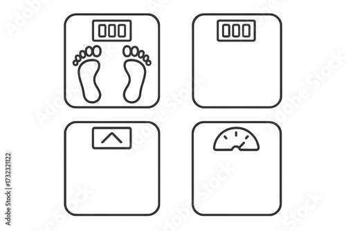 Bathroom scales line icon collection. Weight control concept. Digital and analog floor scale for body mass measuring. Health, fitness, diet, slimming. Editable stroke vector pictograms.