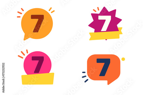 Set of number 7 days left badges. Countdown timer vector illustration. Sale, promotion, or coming soon announcement elements. Seventh day anniversary or final week offer.