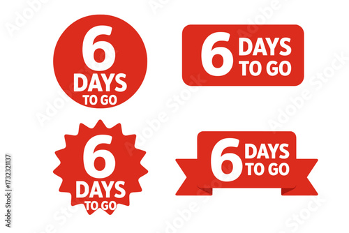 Six days to go sale countdown timer banner. Last 6 days left for final offer or promotion. Marketing button badge collection. Number six day counter sticker icon set vector.