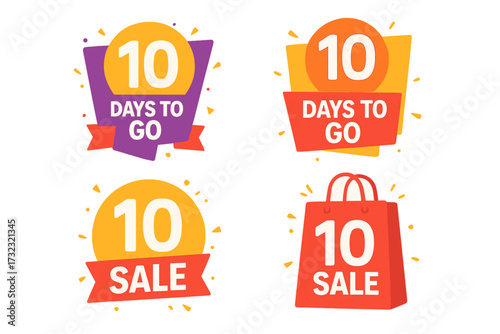 Sale countdown banners collection with 10 days to go stickers and final offer badges. Promotional timer for marketing and e-commerce landing page with shopping bag icon.